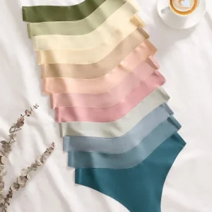 12 piezas Tanga sin costuras de cintura baja de unicolor simple para mujeres