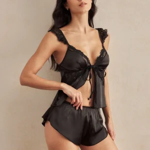 2 piezas Elegante pijama de mujer de encaje francés y satén, cómodo